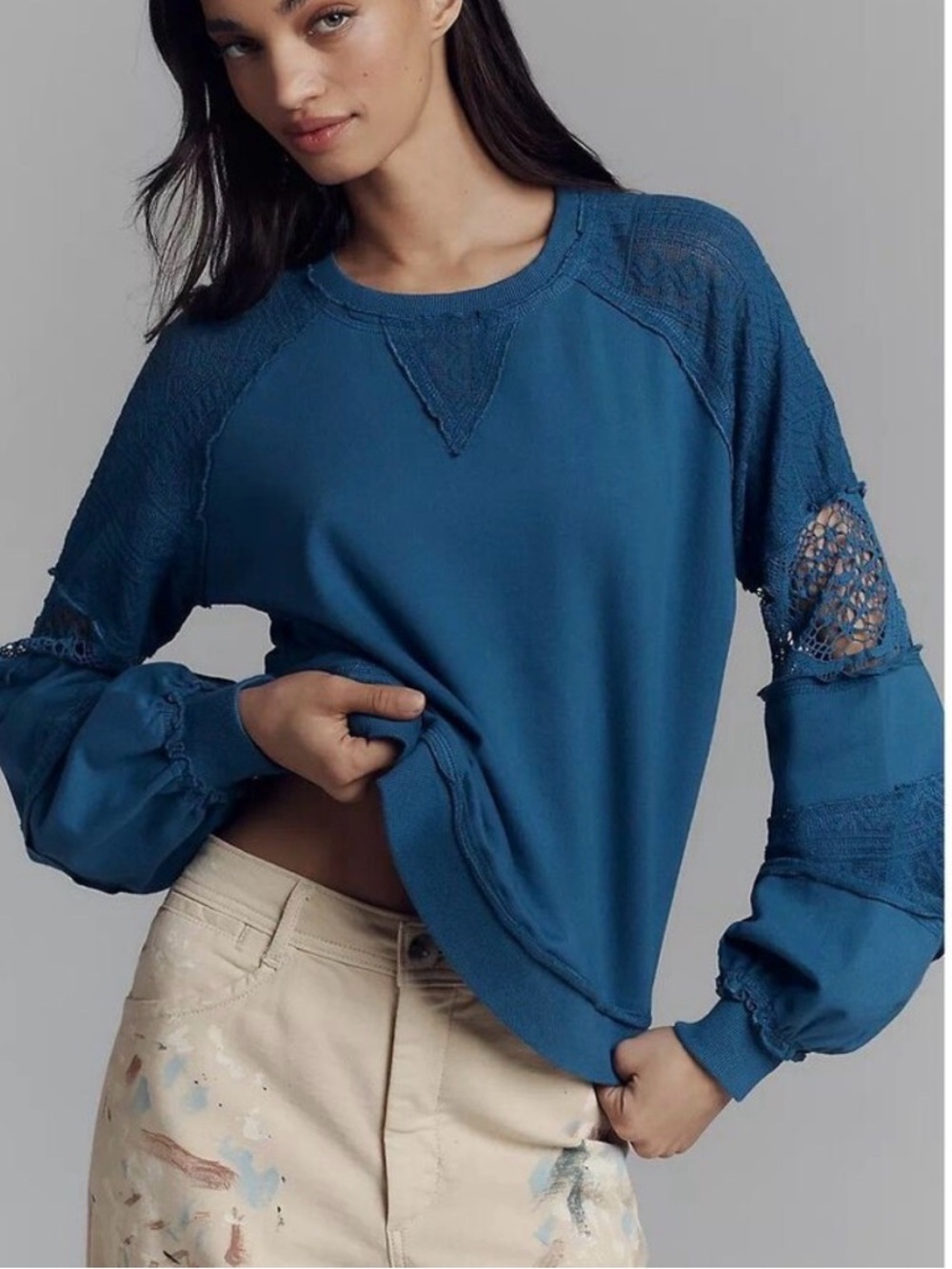 By Anthropology blue lace balloon sleeve top, XLP